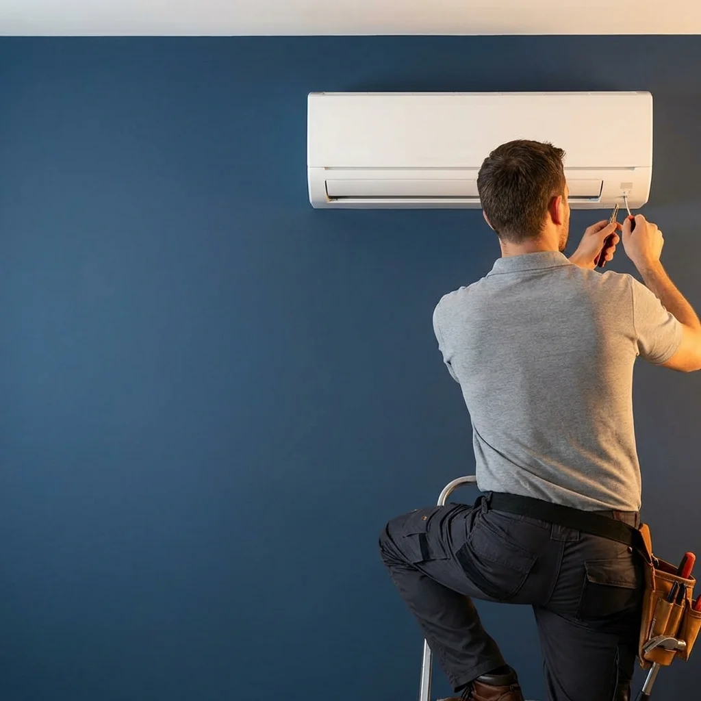 Técnico realizando manutenção em ar condicionado split branco